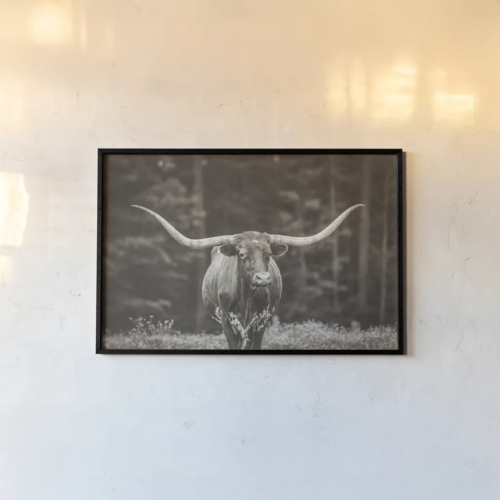 Longhorn Flowers Sepia by Nathan Larson. shown as a paper print in a black flame. Available as a archival giclee rolled canvas, fine art paper, or poster print. SKU 91519i.