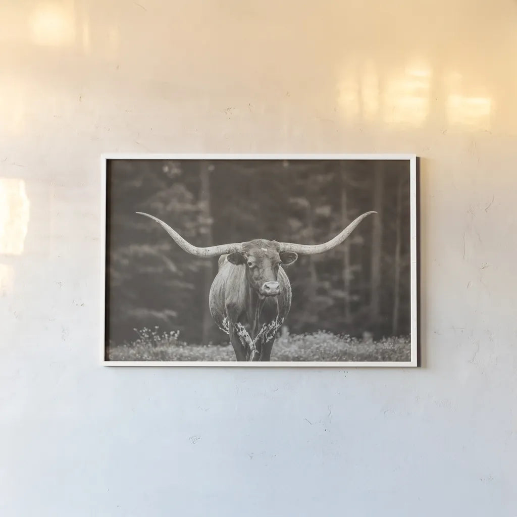Longhorn Flowers Sepia by Nathan Larson. shown as a paper print in a white frame. Available as a archival giclee rolled canvas, fine art paper, or poster print. SKU 91519i.
