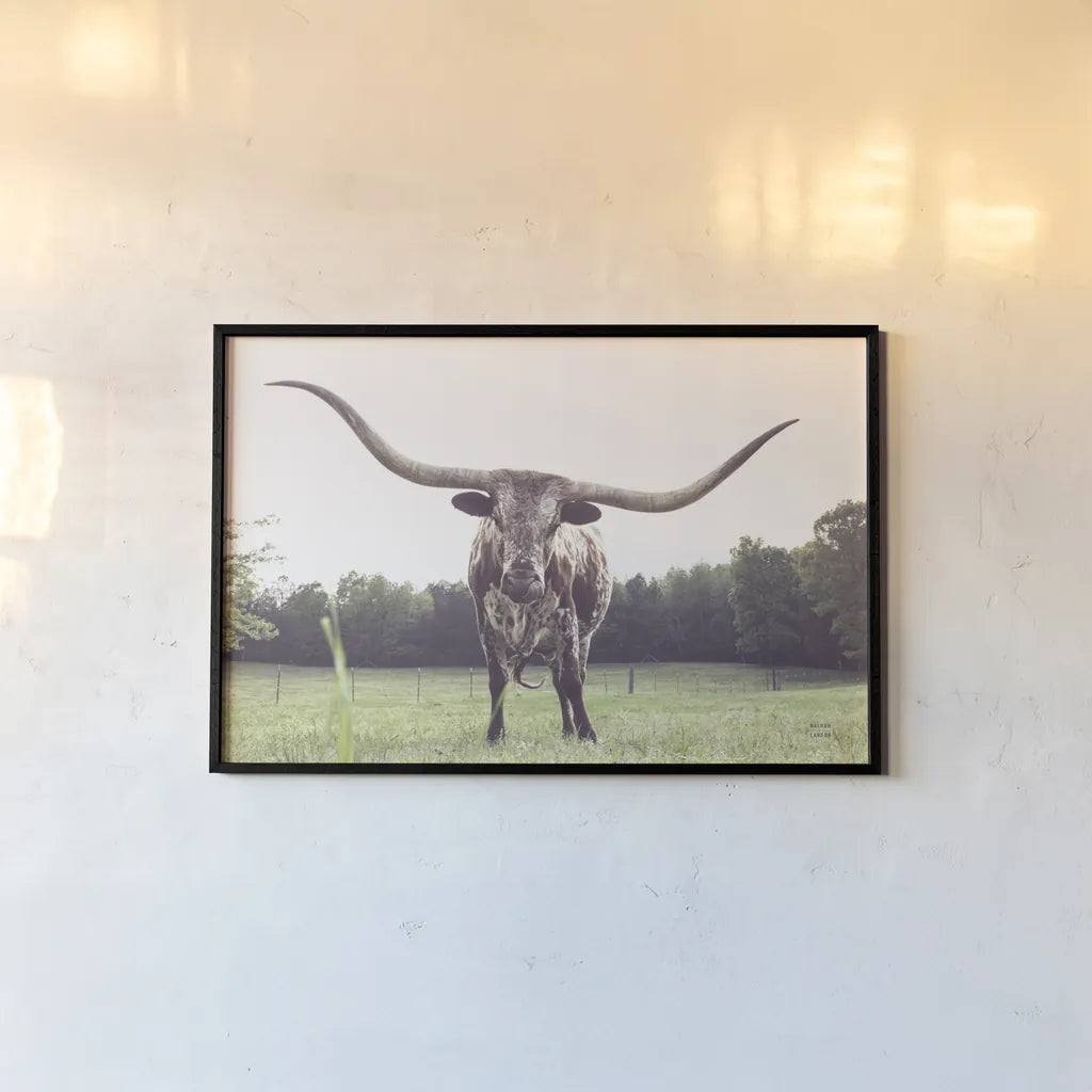 Longhorn Last Call by Nathan Larson. shown as a paper print in a black flame. Available as a archival giclee rolled canvas, fine art paper, or poster print. SKU 91367i.