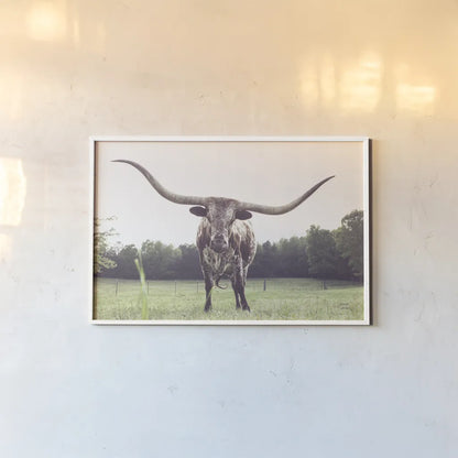 Longhorn Last Call by Nathan Larson. shown as a paper print in a white frame. Available as a archival giclee rolled canvas, fine art paper, or poster print. SKU 91367i.