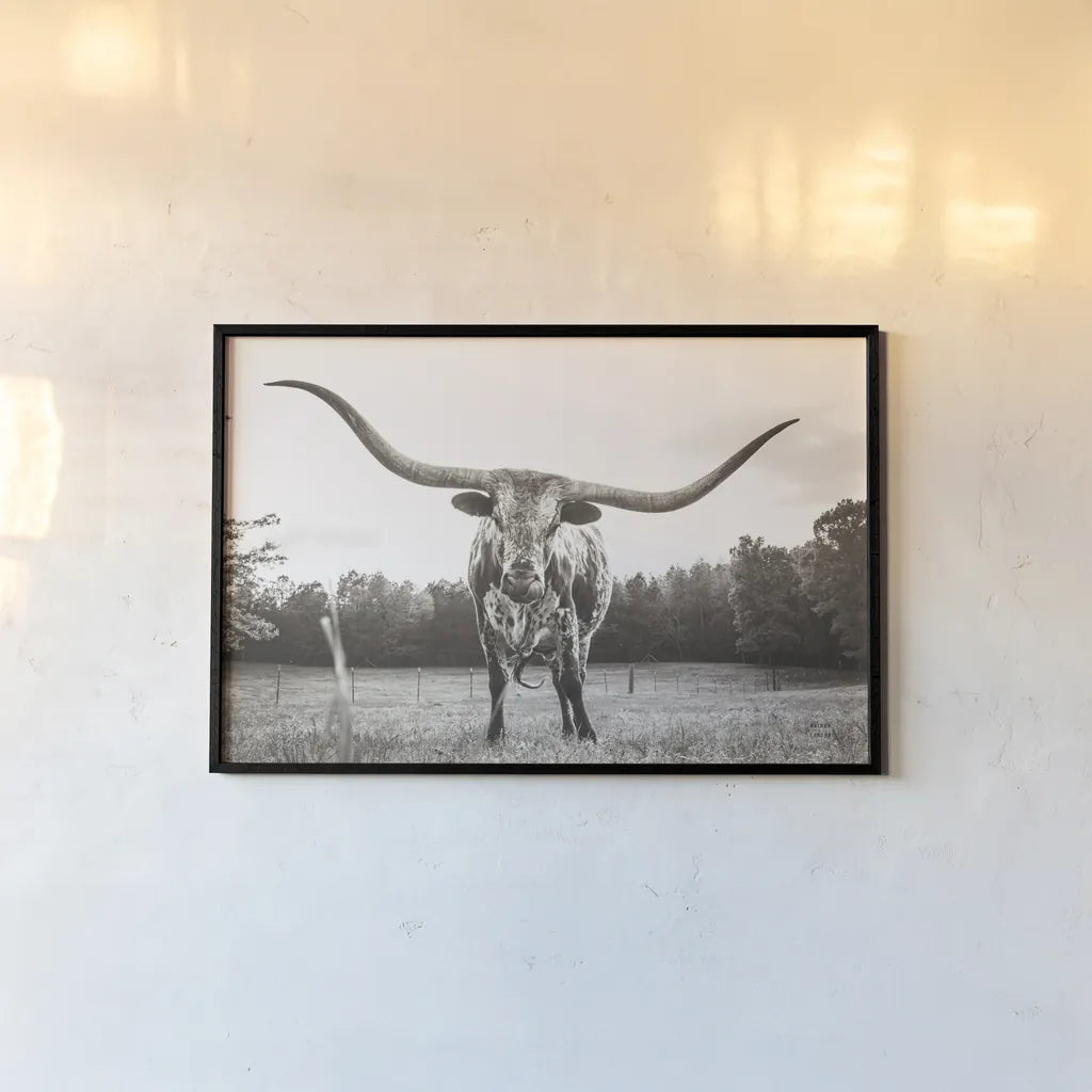 Longhorn Last Call BW by Nathan Larson. shown as a paper print in a black flame. Available as a archival giclee rolled canvas, fine art paper, or poster print. SKU 91368i.