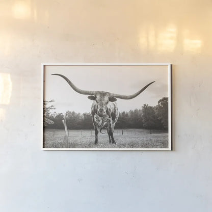Longhorn Last Call BW by Nathan Larson. shown as a paper print in a white frame. Available as a archival giclee rolled canvas, fine art paper, or poster print. SKU 91368i.