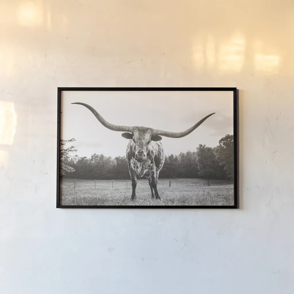 Longhorn Last Call BW No Tail by Nathan Larson. shown as a paper print in a black flame. Available as a archival giclee rolled canvas, fine art paper, or poster print. SKU 91370i.