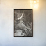 Longhorn Pair Sepia by Nathan Larson. shown as a paper print in a black flame. Available as a archival giclee rolled canvas, fine art paper, or poster print. SKU 91375h.