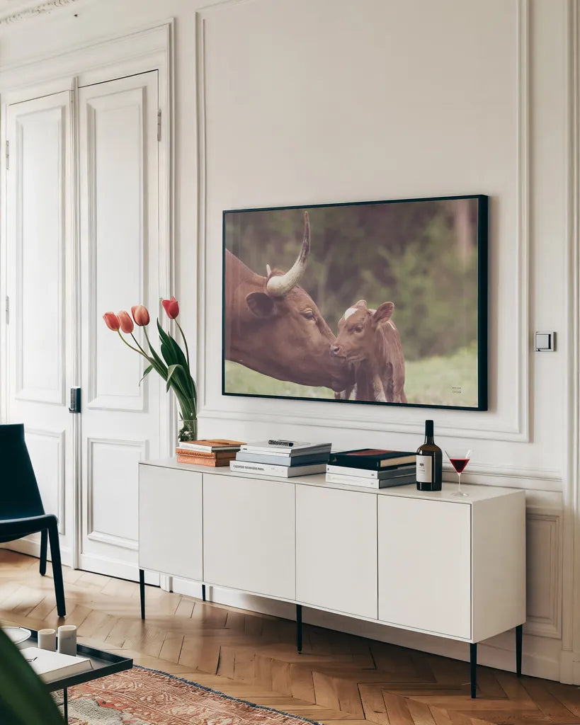 Longhorn Pairing by Nathan Larson. shown as a framed stretched canvas in a living room above a console. Available as a archival giclee rolled canvas, fine art paper, or poster print. SKU 91898i.