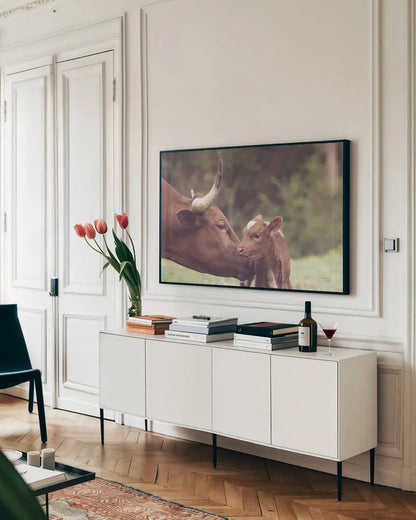 Longhorn Pairing by Nathan Larson. shown as a framed stretched canvas in a living room above a console. Available as a archival giclee rolled canvas, fine art paper, or poster print. SKU 91898i.