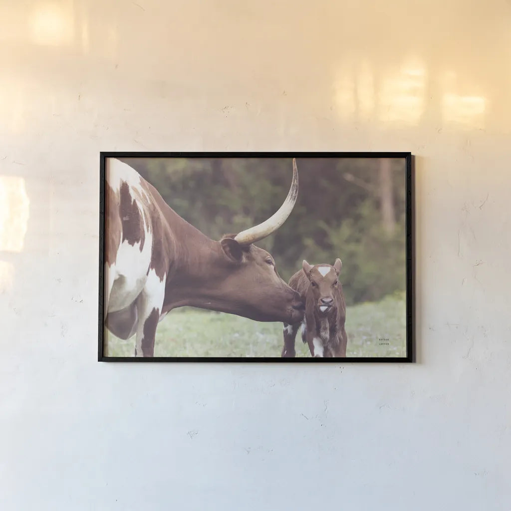 Longhorn Pasture Pair by Nathan Larson. shown as a paper print in a black flame. Available as a archival giclee rolled canvas, fine art paper, or poster print. SKU 93356i.