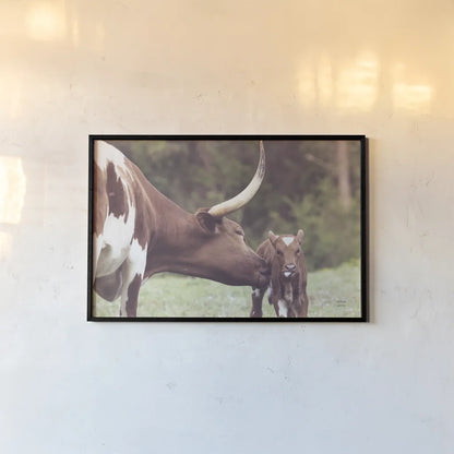 Longhorn Pasture Pair by Nathan Larson. shown as a paper print in a black flame. Available as a archival giclee rolled canvas, fine art paper, or poster print. SKU 93356i.