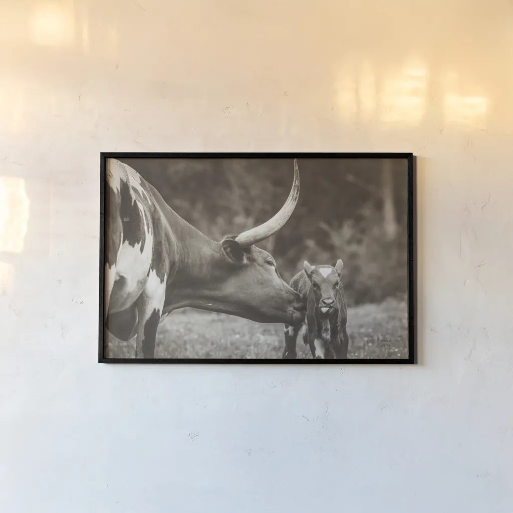 Longhorn Pasture Pair Sepia by Nathan Larson. shown as a paper print in a black flame. Available as a archival giclee rolled canvas, fine art paper, or poster print. SKU 93357i.