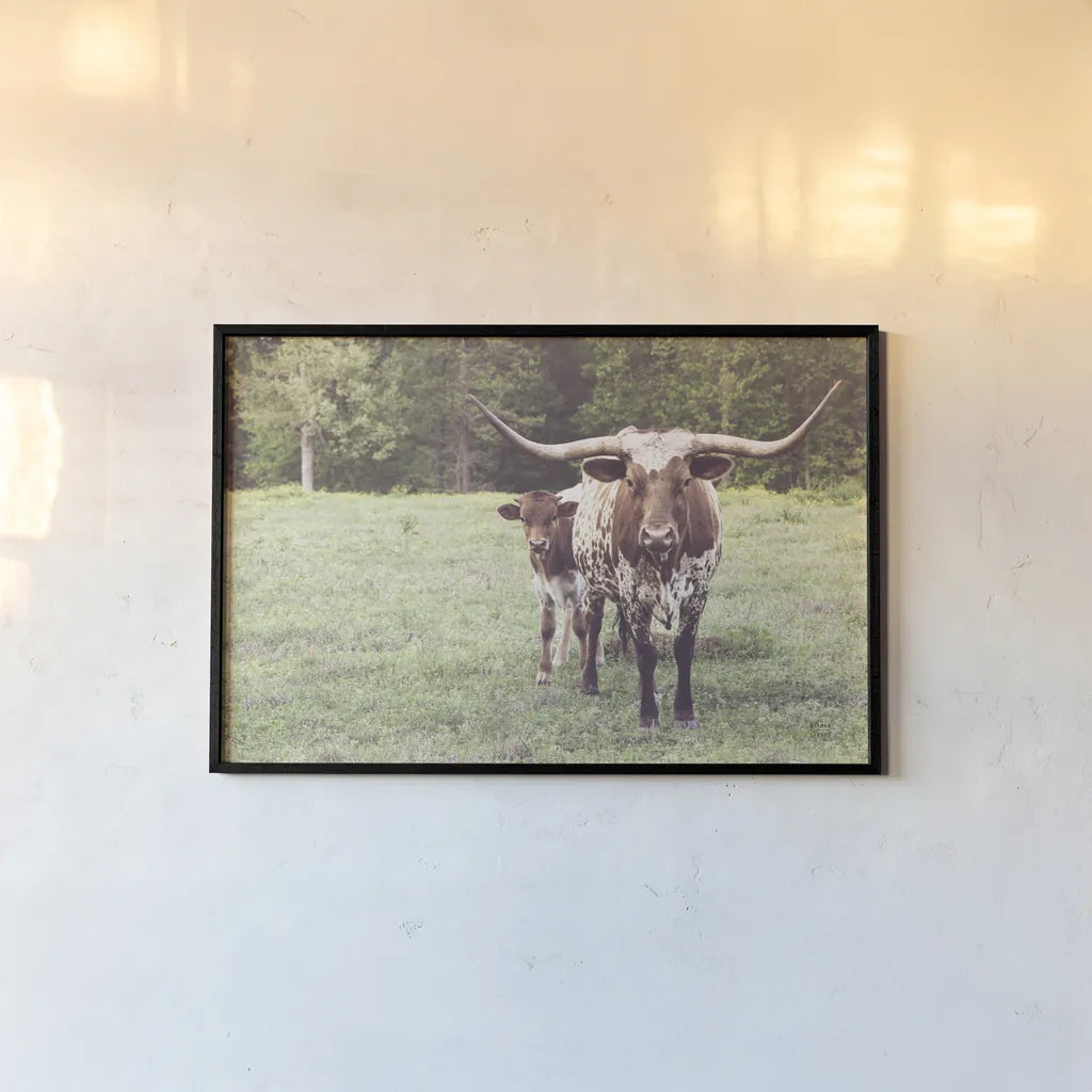 Longhorn Protection by Nathan Larson. shown as a paper print in a black flame. Available as a archival giclee rolled canvas, fine art paper, or poster print. SKU 91520i.