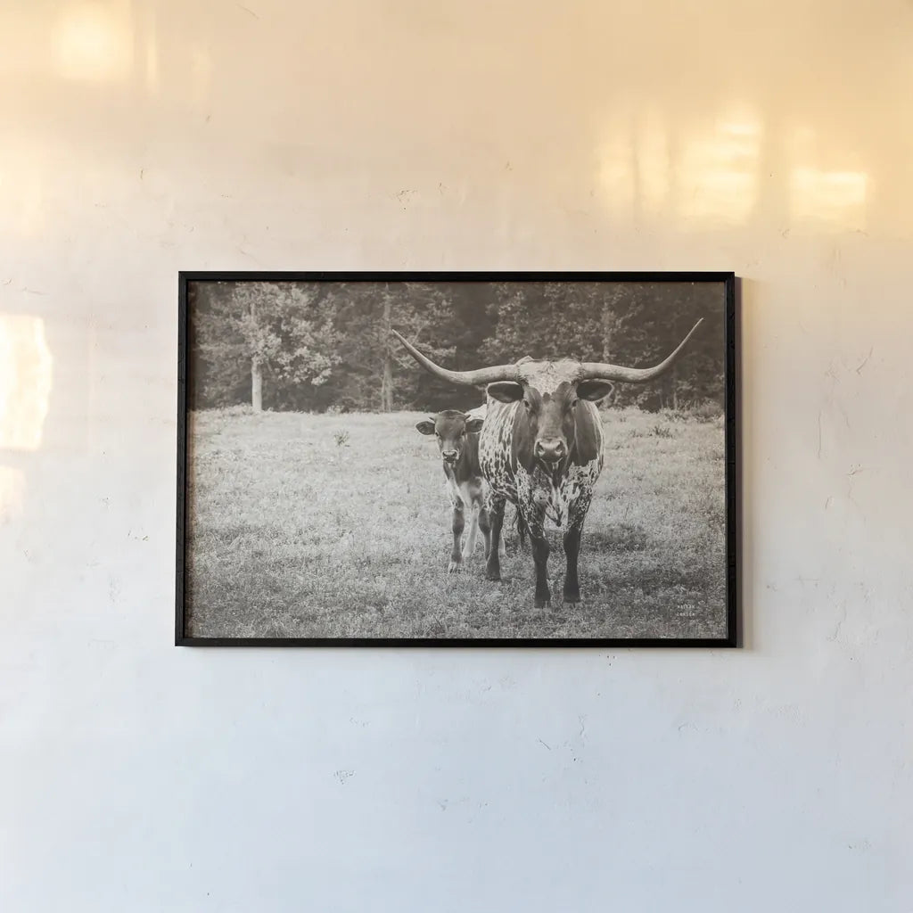 Longhorn Protection Sepia by Nathan Larson. shown as a paper print in a black flame. Available as a archival giclee rolled canvas, fine art paper, or poster print. SKU 91521i.