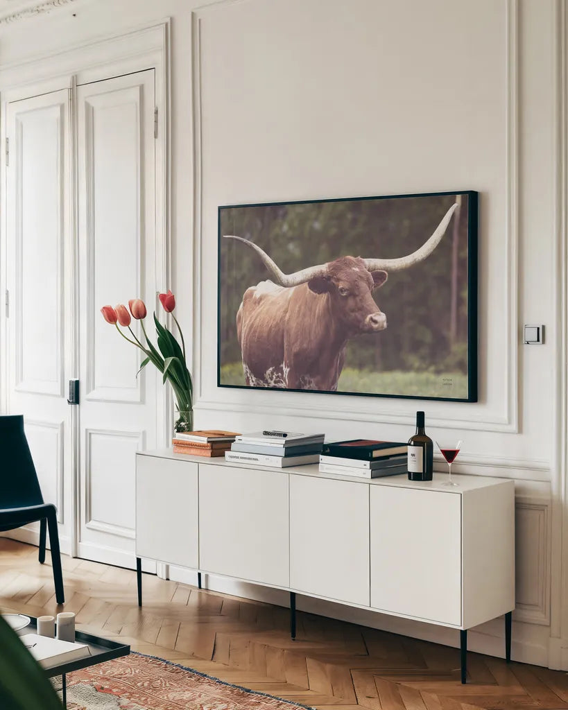 Longhorn Side Eye by Nathan Larson. shown as a framed stretched canvas in a living room above a console. Available as a archival giclee rolled canvas, fine art paper, or poster print. SKU 93360i.