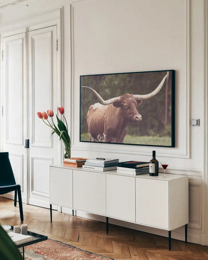 Longhorn Side Eye by Nathan Larson. shown as a framed stretched canvas in a living room above a console. Available as a archival giclee rolled canvas, fine art paper, or poster print. SKU 93360i.