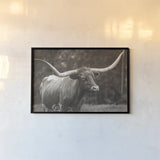 Longhorn Side Eye Sepia by Nathan Larson. shown as a paper print in a black flame. Available as a archival giclee rolled canvas, fine art paper, or poster print. SKU 93362i.