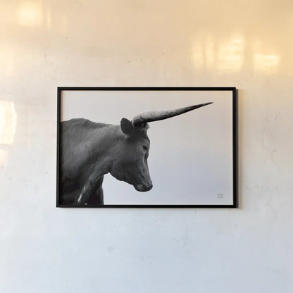 Longhorn Sunset Graze BW by Nathan Larson. shown as a paper print in a black flame. Available as a archival giclee rolled canvas, fine art paper, or poster print. SKU 92290i.