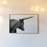 Longhorn Sunset Graze BW by Nathan Larson. shown as a paper print in a natural frame. Available as a archival giclee rolled canvas, fine art paper, or poster print. SKU 92290i.