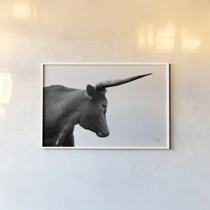 Longhorn Sunset Graze BW by Nathan Larson. shown as a paper print in a white frame. Available as a archival giclee rolled canvas, fine art paper, or poster print. SKU 92290i.