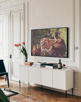 Longhorn Twist by Nathan Larson. shown as a framed stretched canvas in a living room above a console. Available as a archival giclee rolled canvas, fine art paper, or poster print. SKU 93363i.