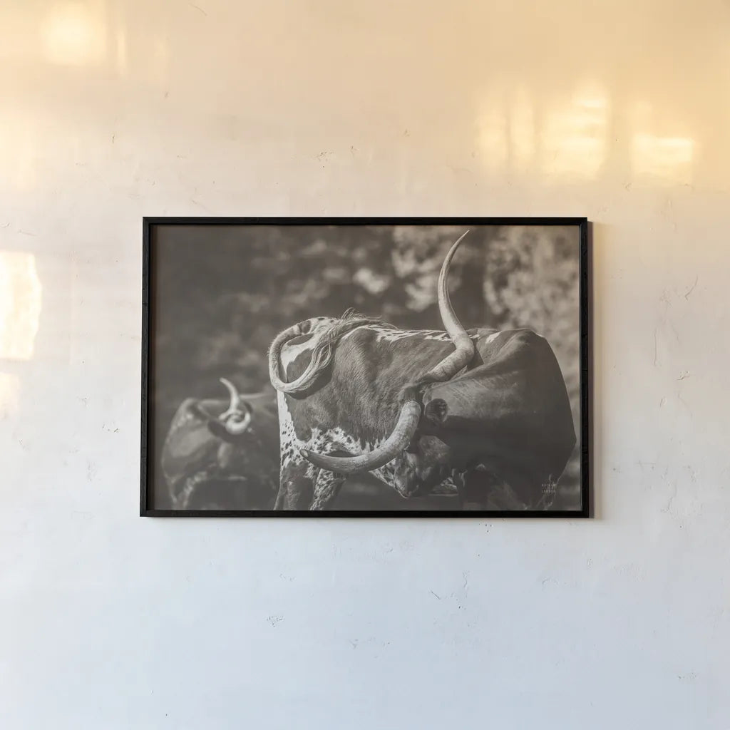 Longhorn Twist Sepia by Nathan Larson. shown as a paper print in a black flame. Available as a archival giclee rolled canvas, fine art paper, or poster print. SKU 93364i.