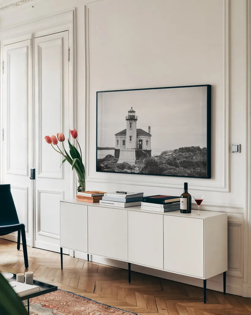 Looking Out by Nathan Larson. shown as a framed stretched canvas in a living room above a console. Available as a archival giclee rolled canvas, fine art paper, or poster print. SKU 90478i.