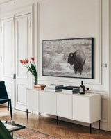 Lookout BW by Nathan Larson. shown as a framed stretched canvas in a living room above a console. Available as a archival giclee rolled canvas, fine art paper, or poster print. SKU 84326i.