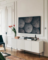 Lost Coast Sea Urchins II by Nathan Larson. shown as a framed stretched canvas in a living room above a console. Available as a archival giclee rolled canvas, fine art paper, or poster print. SKU 96959i.