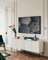 Lost Coast Sea Urchins III by Nathan Larson. shown as a framed stretched canvas in a living room above a console. Available as a archival giclee rolled canvas, fine art paper, or poster print. SKU 96960i.