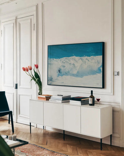 Lost Coast Waves I by Nathan Larson. shown as a framed stretched canvas in a living room above a console. Available as a archival giclee rolled canvas, fine art paper, or poster print. SKU 86996i.