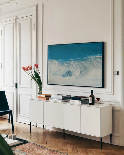 Lost Coast Waves II by Nathan Larson. shown as a framed stretched canvas in a living room above a console. Available as a archival giclee rolled canvas, fine art paper, or poster print. SKU 86997i.