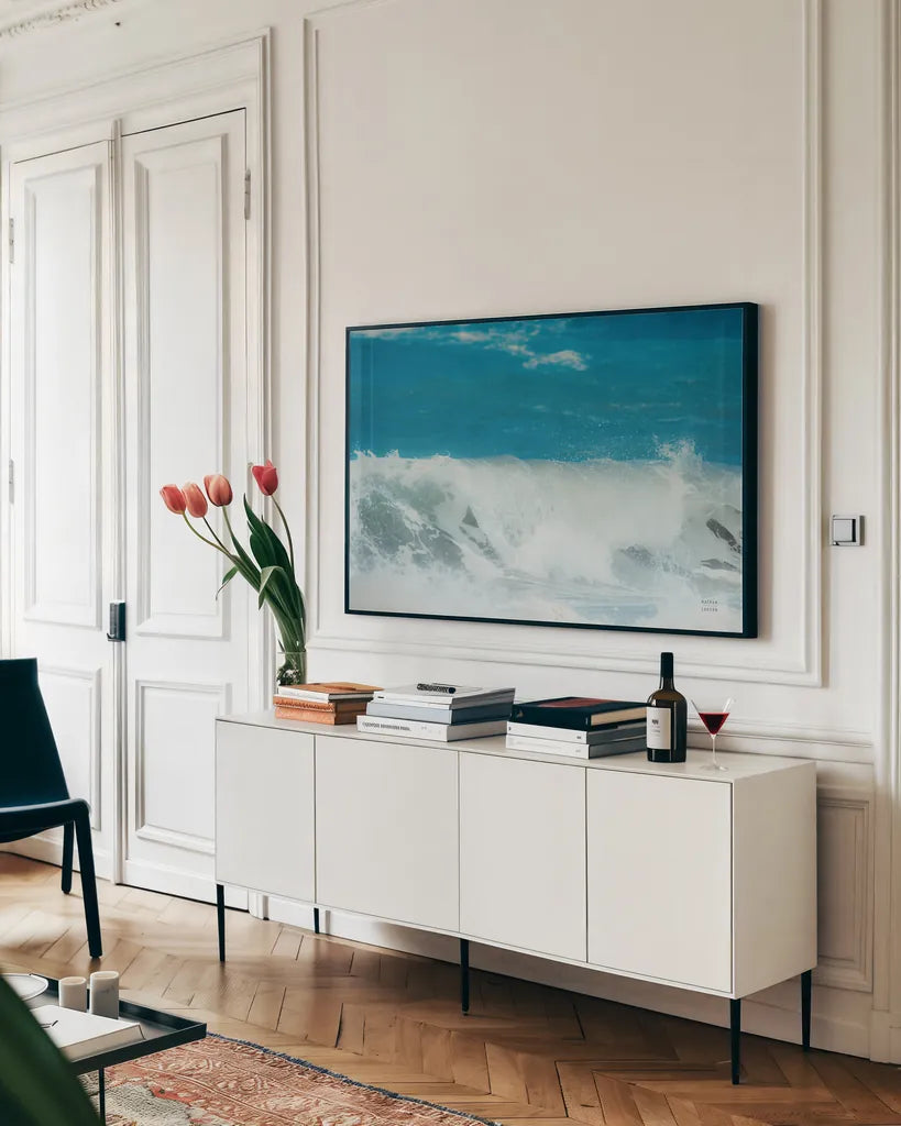 Lost Coast Waves III by Nathan Larson. shown as a framed stretched canvas in a living room above a console. Available as a archival giclee rolled canvas, fine art paper, or poster print. SKU 86998i.