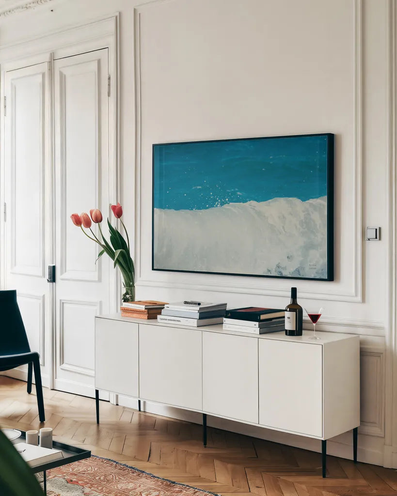 Lost Coast Waves IV by Nathan Larson. shown as a framed stretched canvas in a living room above a console. Available as a archival giclee rolled canvas, fine art paper, or poster print. SKU 86999i.