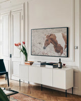 Lush Fields by Nathan Larson. shown as a framed stretched canvas in a living room above a console. Available as a archival giclee rolled canvas, fine art paper, or poster print. SKU 98706i.