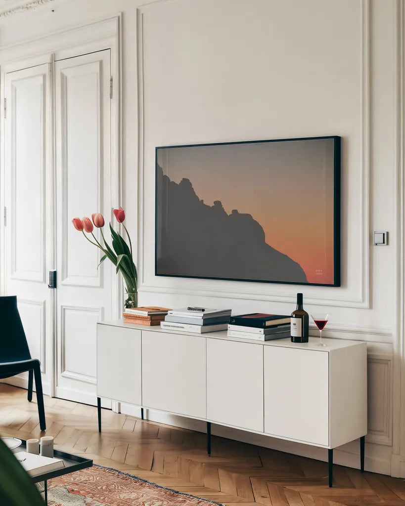 Make Me Your Sunset II by Nathan Larson. shown as a framed stretched canvas in a living room above a console. Available as a archival giclee rolled canvas, fine art paper, or poster print. SKU 82419i.