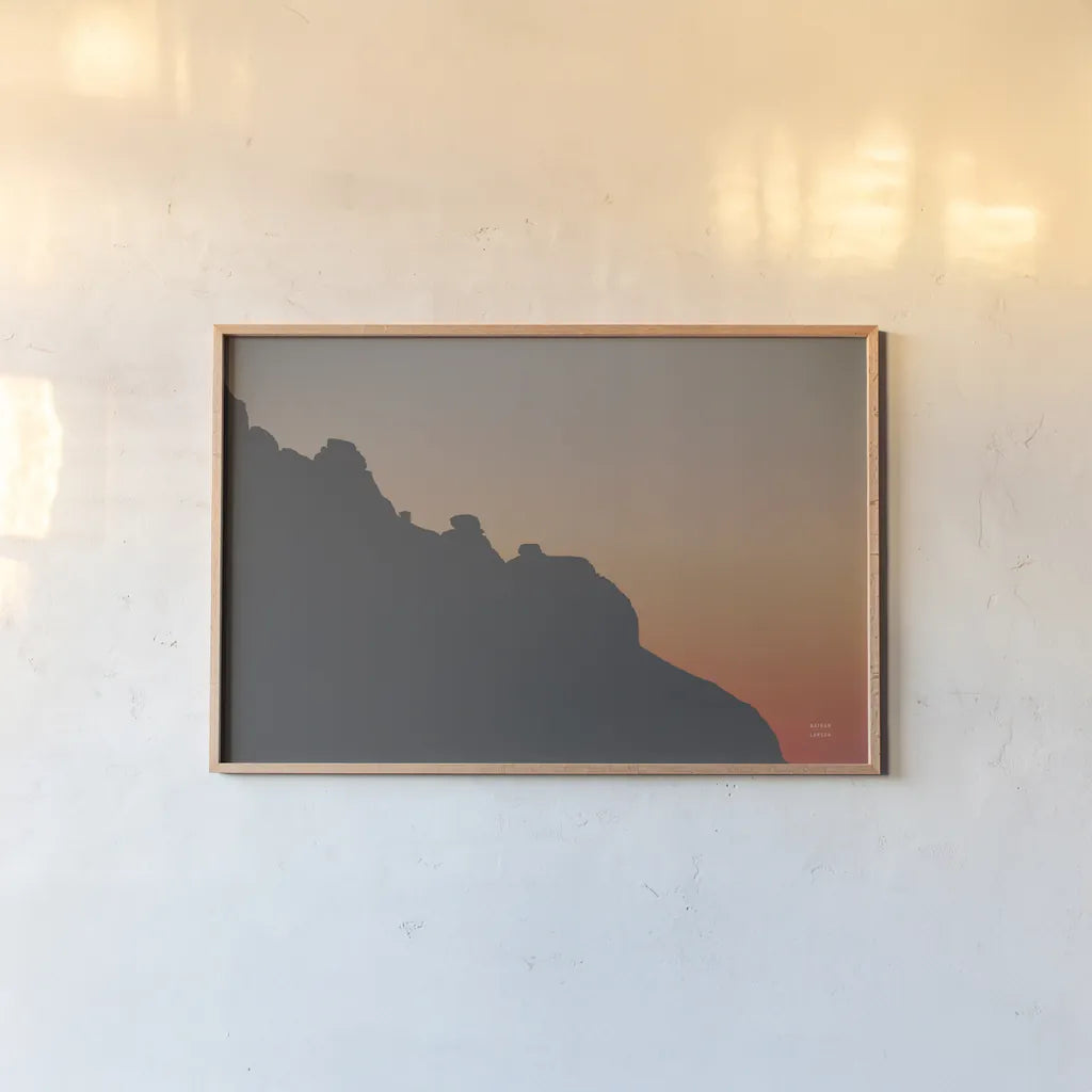 Make Me Your Sunset II by Nathan Larson. shown as a paper print in a natural frame. Available as a archival giclee rolled canvas, fine art paper, or poster print. SKU 82419i.