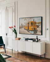 Mallorca Train by Nathan Larson. shown as a framed stretched canvas in a living room above a console. Available as a archival giclee rolled canvas, fine art paper, or poster print. SKU 85801i.
