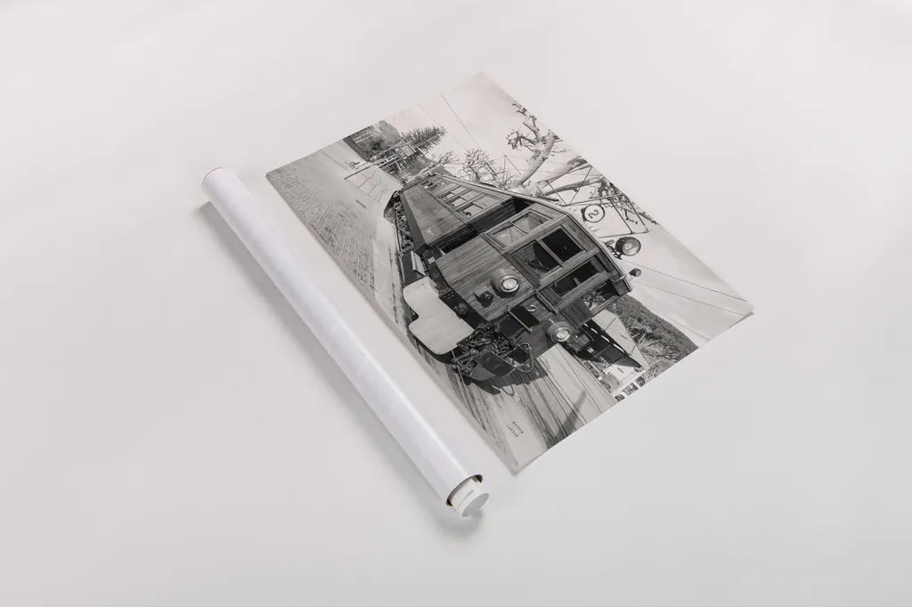 Mallorca Train BW by Nathan Larson. shown as a rolled paper print. Available as archival giclee rolled canvas, fine art paper, or poster print. SKU 85802i.