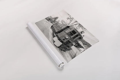 Mallorca Train BW by Nathan Larson. shown as a rolled paper print. Available as archival giclee rolled canvas, fine art paper, or poster print. SKU 85802i.