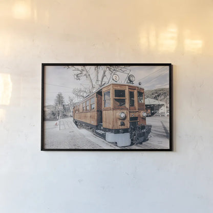 Mallorca Train Neutral by Nathan Larson. shown as a paper print in a black flame. Available as a archival giclee rolled canvas, fine art paper, or poster print. SKU 85803i.