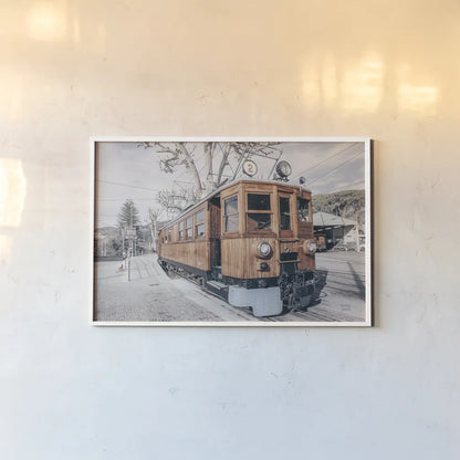 Mallorca Train Neutral by Nathan Larson. shown as a paper print in a white frame. Available as a archival giclee rolled canvas, fine art paper, or poster print. SKU 85803i.