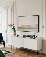 Marfa Rail by Nathan Larson. shown as a framed stretched canvas in a living room above a console. Available as a archival giclee rolled canvas, fine art paper, or poster print. SKU 103211i.
