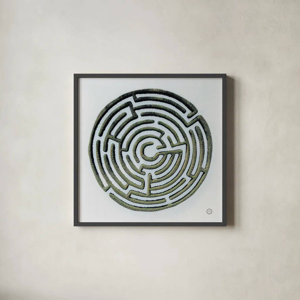 Maze by Nathan Larson. Shown in a sleek black glass frame for a contemporary gallery look. Available as an archival giclee rolled canvas, fine art paper, or poster print. SKU 72697a.