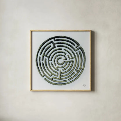 Maze by Nathan Larson. Shown in a natural wood glass frame for a timeless modern aesthetic. Available as an archival giclee rolled canvas, fine art paper, or poster print. SKU 72697a.