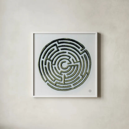 Maze by Nathan Larson. Shown in a crisp white glass frame for a clean and minimalist style. Available as an archival giclee rolled canvas, fine art paper, or poster print. SKU 72697a.