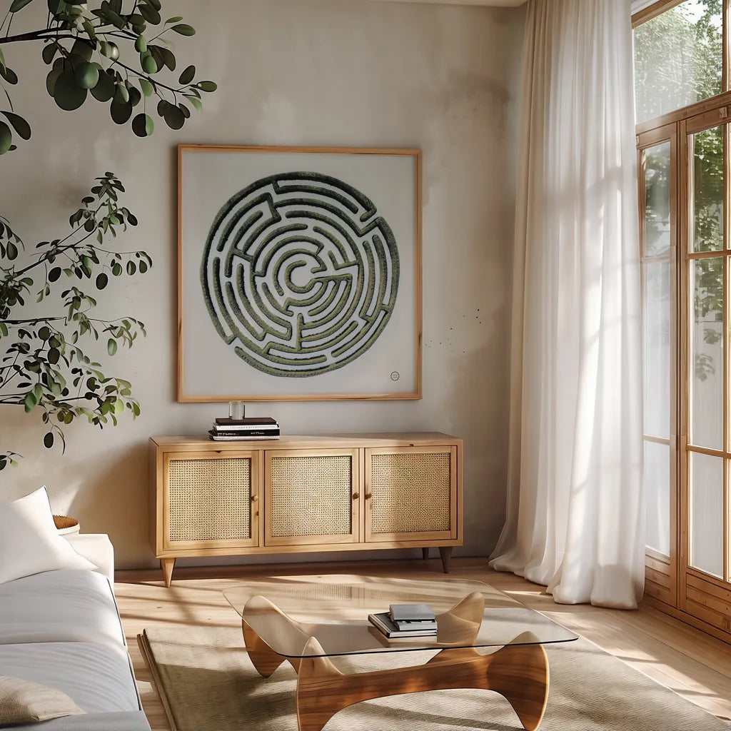 Maze by Nathan Larson. Shown in a natural wood frame in a cozy modern living room. Available as an archival giclee rolled canvas, fine art paper, or poster print. SKU 72697a.