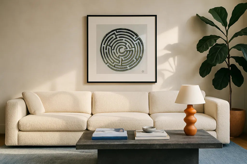 Maze by Nathan Larson. Displayed in a glass frame with matte in a clean modern living room. Available as an archival giclee rolled canvas, fine art paper, or poster print. SKU 72697a.