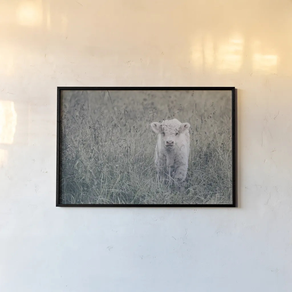 Meadow Calf by Nathan Larson. shown as a paper print in a black flame. Available as a archival giclee rolled canvas, fine art paper, or poster print. SKU 89464i.