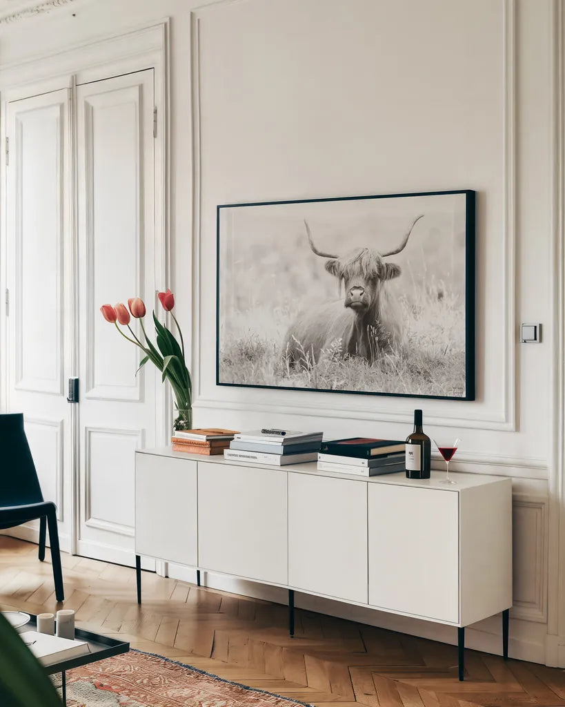 Meadow Guardian I by Nathan Larson. shown as a framed stretched canvas in a living room above a console. Available as a archival giclee rolled canvas, fine art paper, or poster print. SKU 100480i.