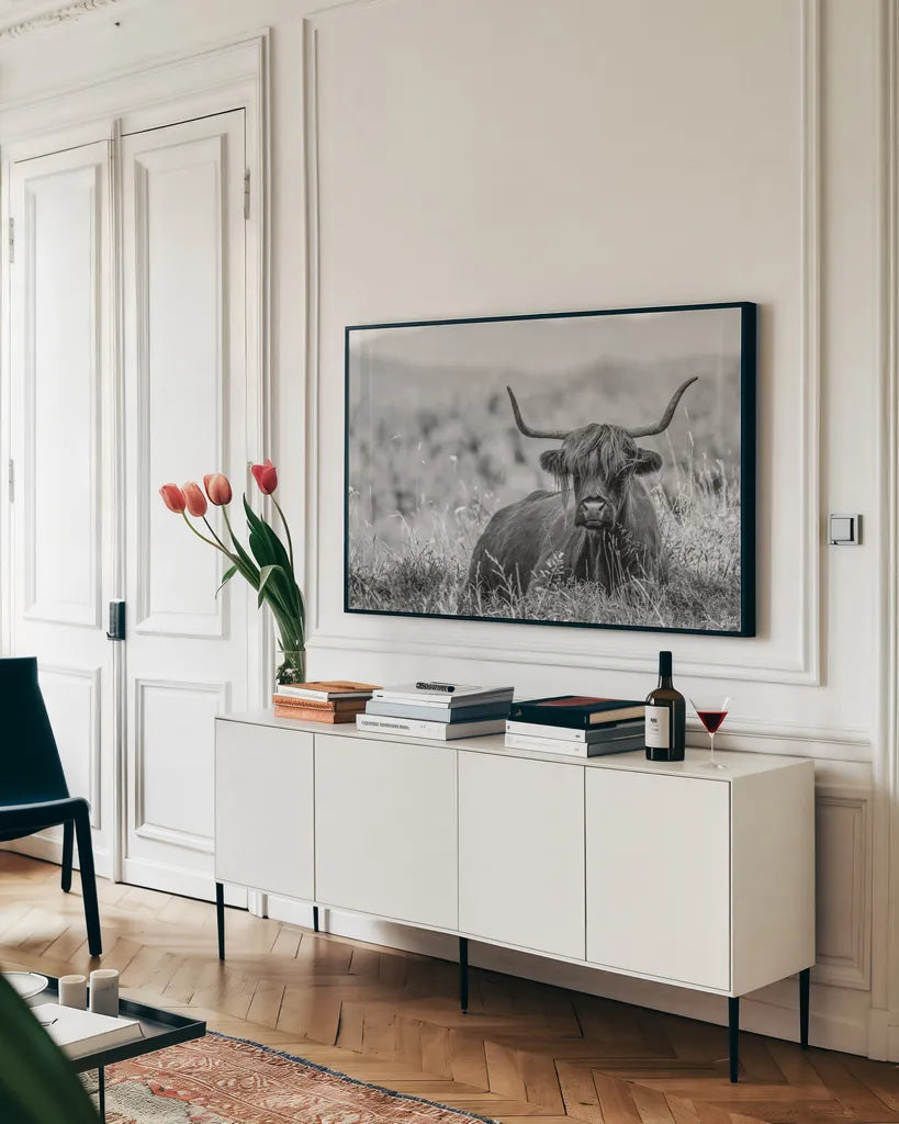 Meadow Guardian II by Nathan Larson. shown as a framed stretched canvas in a living room above a console. Available as a archival giclee rolled canvas, fine art paper, or poster print. SKU 100481i.