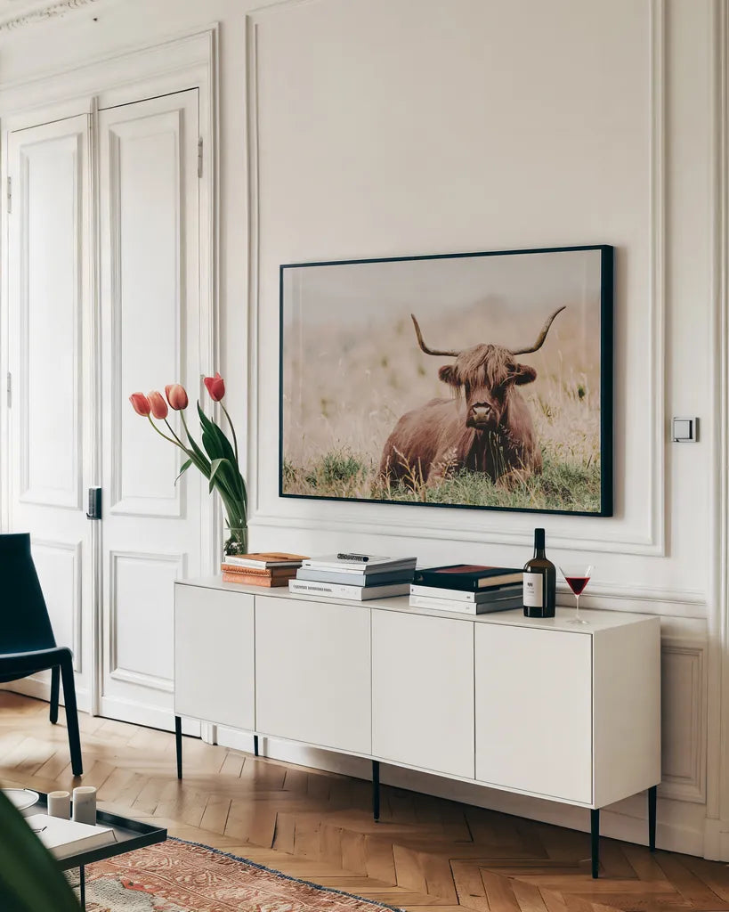 Meadow Guardian III by Nathan Larson. shown as a framed stretched canvas in a living room above a console. Available as a archival giclee rolled canvas, fine art paper, or poster print. SKU 100482i.