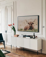 Meadow Guardian III by Nathan Larson. shown as a framed stretched canvas in a living room above a console. Available as a archival giclee rolled canvas, fine art paper, or poster print. SKU 100482i.